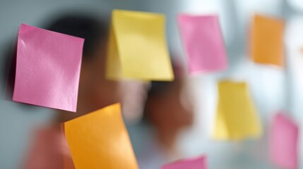 team brainstorming session with sticky notes on glass wall, creative office concept, realistic stock photography