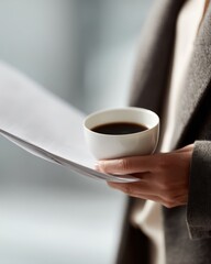 businesswoman holding coffee cup while reading documents in office, professional lifestyle concept, realistic stock photography