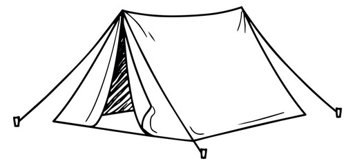 Hand drawn line art illustration of a camping tent depicting outdoor adventure for travel and recreation
