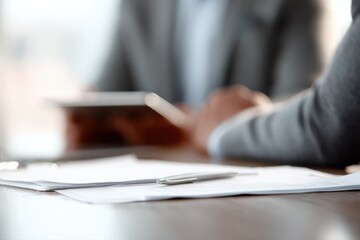 business people discussing project at office table, documents and tablet, collaboration and planning concept, realistic stock photo
