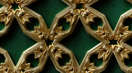 islamic geometric art, high-contrast lighting highlights the golden islamic geometric stars and arabesque floral swirls on a deep matte emerald green background with a subtle fabric texture