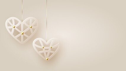 Valentine's day background with light beige hearts decorated gold stars