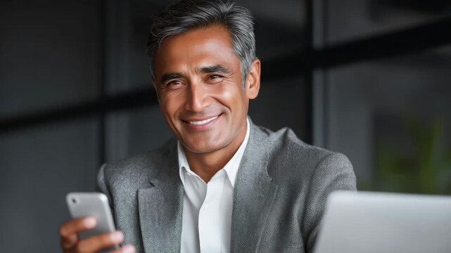 A professional man looking at his smartphone with a smile, suggesting success and modern communication.