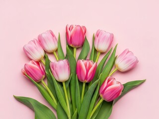 Fototapeta premium a bouquet of pink and white tulips on a pink background