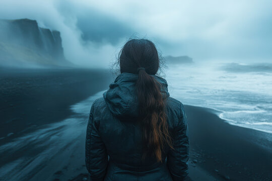 Woman standing on beach, gazing at ocean. - Powered by Adobe