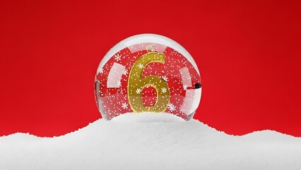 Festive snow globe with golden number six inside, set on a snowy surface against a red backdrop