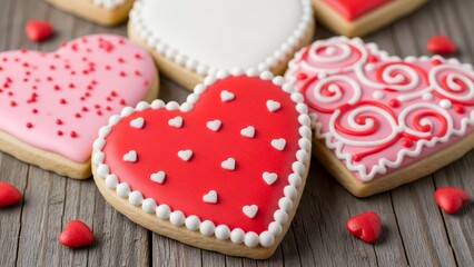 Heart shaped cookie with red icing on a rustic table setting for celebration