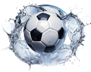 Soccer ball surrounded by splashing water on white background isolated on a transparent background black