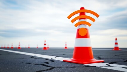 Orange traffic cone with wireless symbol signals construction ahead
