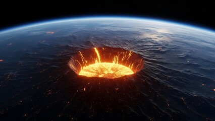 A molten crater with glowing lava is visible on the planet surface from space