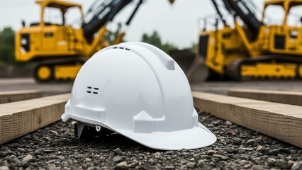 White hard hat on construction site with machinery in background