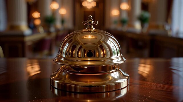 Golden service bell ringing on a polished wooden reception desk in a luxury hotel lobby with chandeliers, illustrating high-end hospitality and concierge assistance