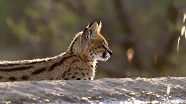 Majestic serval cat at waterhole in golden light, wildlife, animal, nature