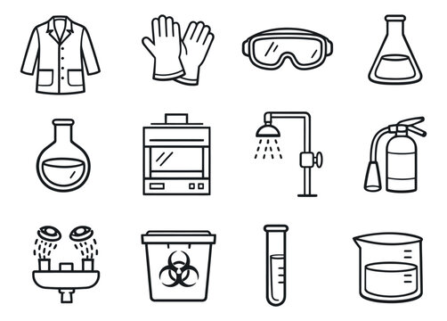 Line art laboratory safety equipment set featuring a lab coat, gloves, goggles, and flasks for scientific research