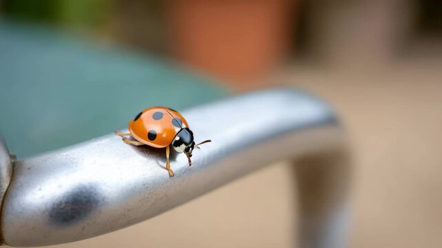 Ladybug traversing a metal surface in macro closeup with shallow depth of field