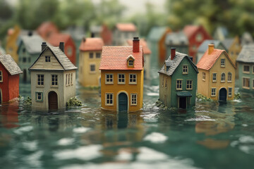Miniature houses standing in water, creating a charming and whimsical scene.