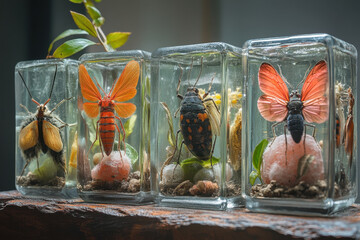 Glass terrariums hold various insects, showcasing their unique features and colors.
