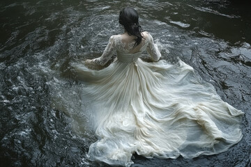 Woman in white dress wading through water.
