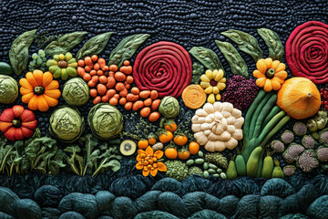 Various colorful vegetables and fruits spread out on a sleek black surface.