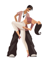 Modern Urban Dance Couple in Dramatic Dip Pose with Contemporary Street Style Vector Illustration