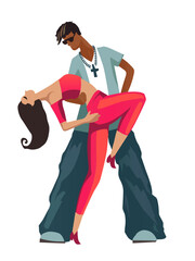 Stylized Fashion Dance Couple Performing Expressive Dip Pose in Vibrant Contemporary Vector Illustration