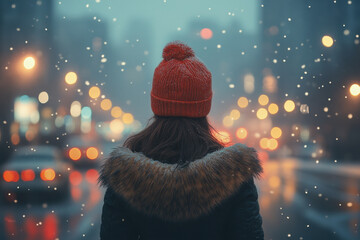 Woman in red hat admiring snow.