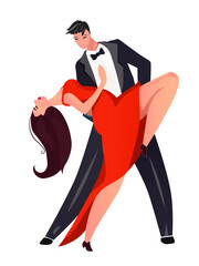 Elegant Latin Dance Couple Performing Dramatic Dip in Classic Evening Tango Style Vector Illustration