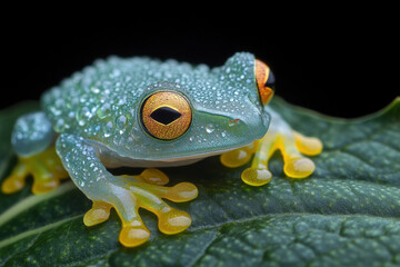 Green frog with yellow eyes on a leaf.