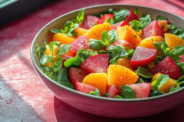 Fresh watermelon salad with basil and parmesan in a bowl.