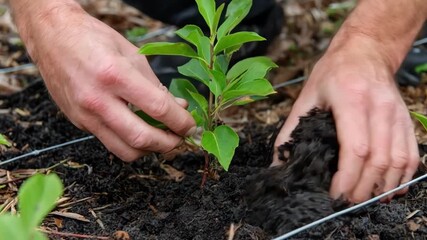 Medium shot of a person carefully planting a young tree demonstrating proper root positioning and soil handling techniques for healthy growth.