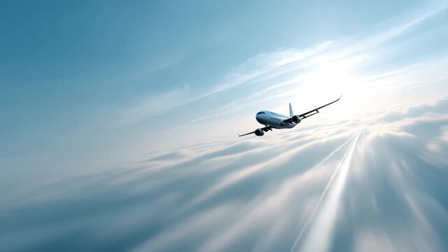 Airplane soaring above clouds in majestic sunrise with dramatic light rays