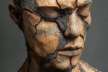 Wooden sculpture of a woman's face.
