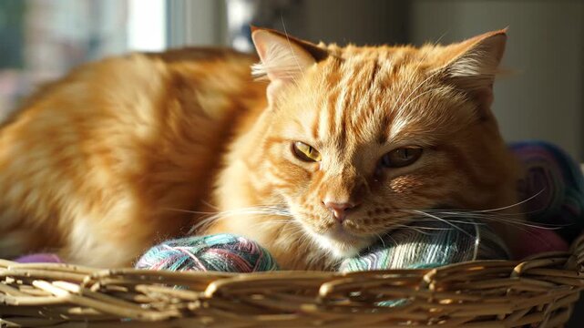 Ginger cat lounging in basket with colorful yarn balls, serene indoor scene.