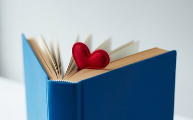 Red Heart On Open Blue Book For Love And Literature Concept