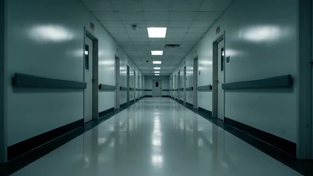 The camera pans down an empty hospital corridor with white walls and bright overhead lights. The spacious corridor has closed doors on both sides and a shiny floor reflecting the light from above.