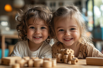 children building with wooden blocks.