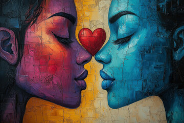 people kissing with a heart in a painting.