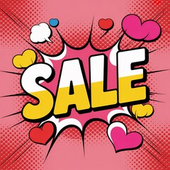 Vibrant Comic Style Sale Sign With Hearts And Speech Bubbles On Pink Background For Discount And Promotion Advertising