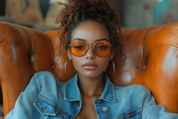 Woman in sunglasses sitting on a chair.