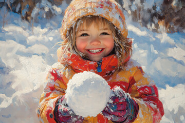 Child playing in the snow in a painting.