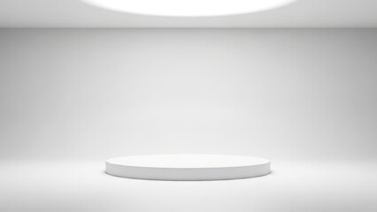 a white circular platform in a brightly lit room with a light source from above shines down high quality