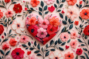 Heart surrounded by flowers and leaves.