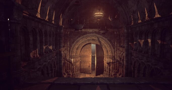 A captivating ancient hallway features towering stone walls and intricate architecture. Large wooden doors stand ajar, allowing soft light to spill into the darkened corridor.