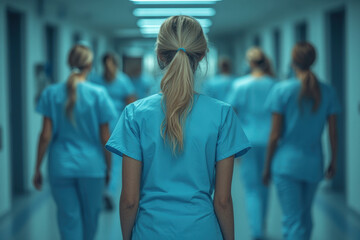 Woman in scrubs walking down hospital corridor.