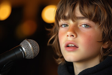 Young boy holding a microphone.