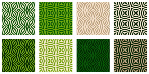 8 Green surfaces - collection of 8 abstract geometric tiles in green and neutral beige with symmetrical designs. Perfect for eco packaging backgrounds, bio cosmetics design, wallpaper, wrapping paper