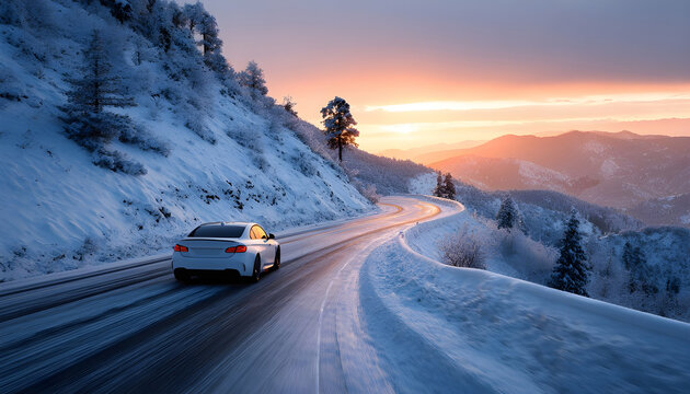Sleek white car carving a winding mountain road through heavy snow at winter sunset, dramatic landscape and challenging conditions capturing adventurous travel and seasonal drive emotions - Powered by Adobe