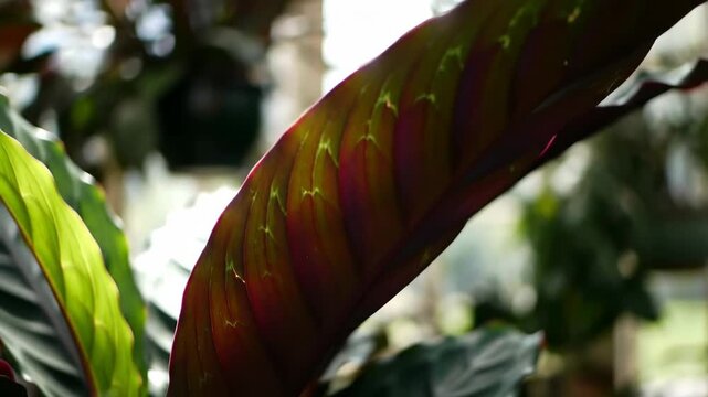 Close-up of green and red prayer plant leaf in greenhouse with natural light. Botanical, nature, plant and garden background.