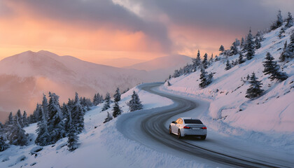 Sleek white car carving a winding mountain road through heavy snow at winter sunset, dramatic landscape and challenging conditions capturing adventurous travel and seasonal drive emotions