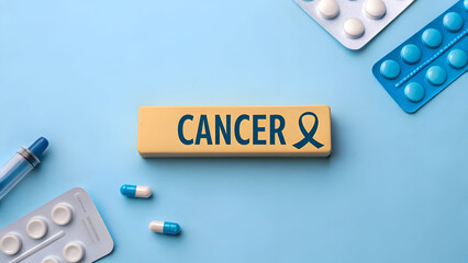 Cancer Awareness Concept with Text and Medical Pills on Blue Background